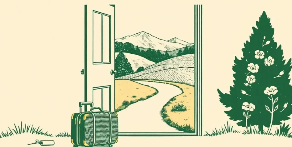 Illustration of an open front door with a packed suitcase on the step