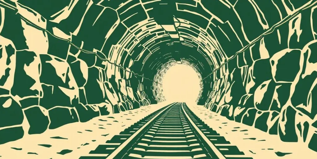 Illustration of a light glowing at the end of a dark stone tunnel