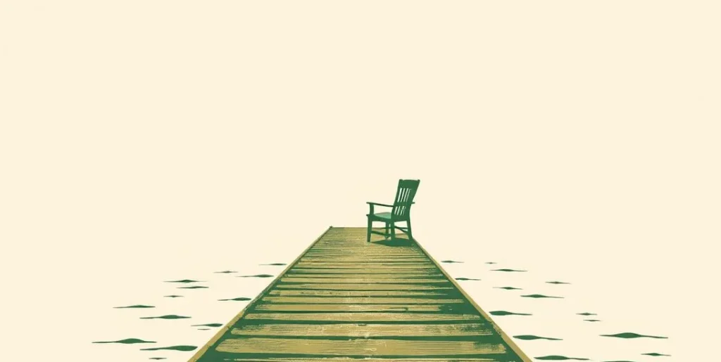 Illustration of an empty chair at the end of a pier on a misty lake