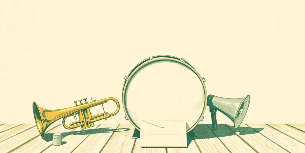 Illustration of a trumpet, bass drum and megaphone on a wooden stage
