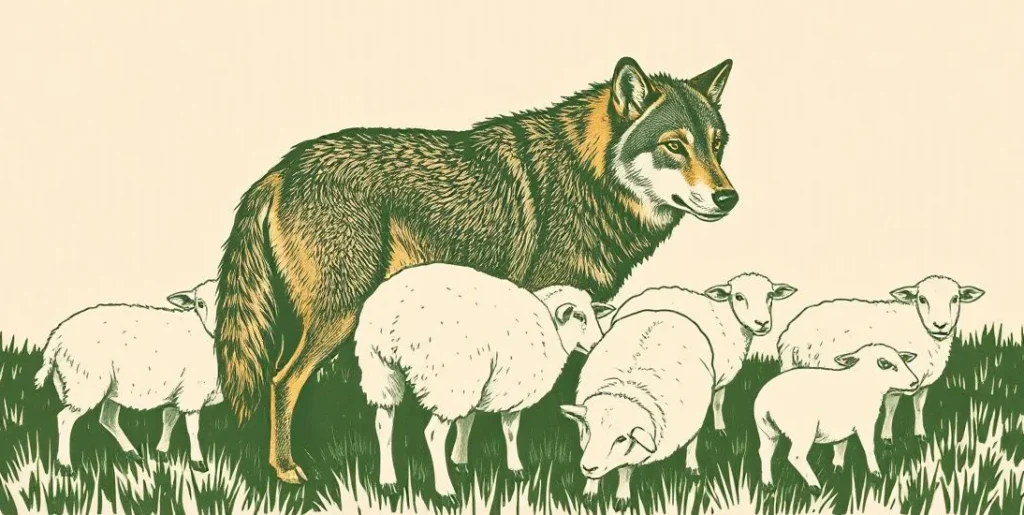 Illustration of a wolf in a sheepskin standing among grazing sheep