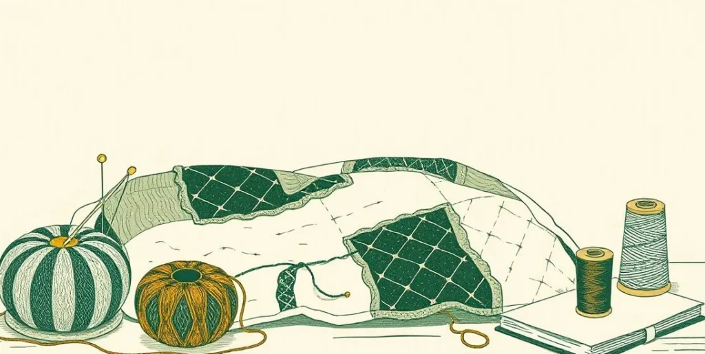Illustration of a needle and thread mending a torn patchwork quilt