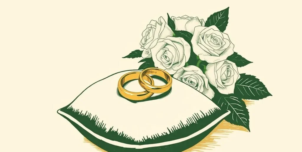 Illustration of two interlocked wedding rings beside a bouquet of white roses