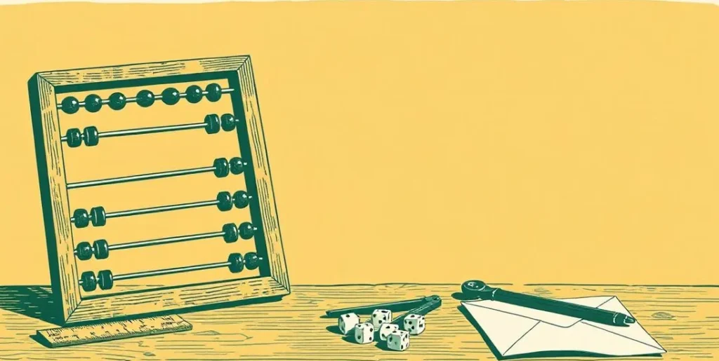 Illustration of an abacus beside a ruler, a drawing compass and dice