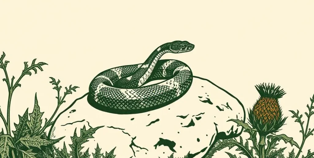 Illustration of a coiled snake on a rock among nettles and a thistle