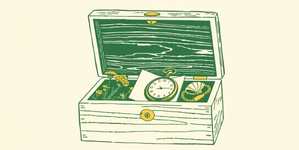 Illustration of an open keepsake box with a pocket watch, pressed flowers and a seashell
