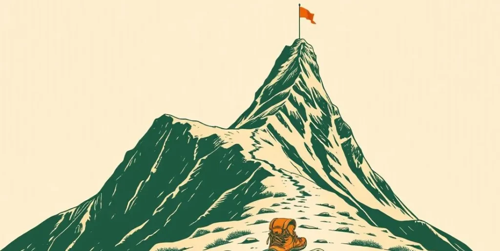 Illustration of a mountain trail leading to a flag on the summit