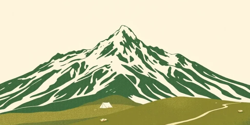 Illustration of snowcapped peaks above a valley with a trail and a tent