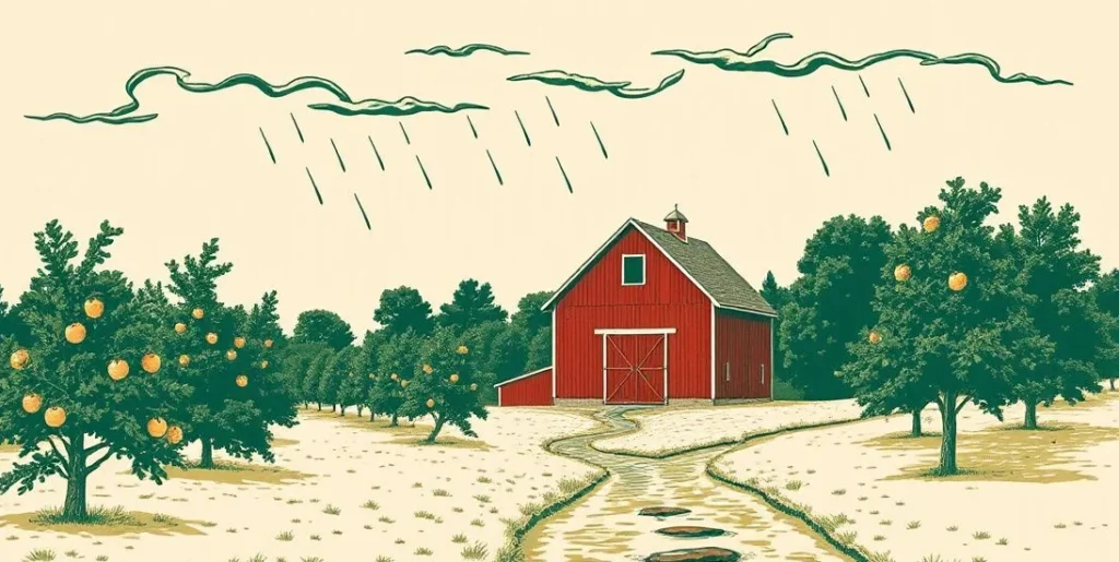 Illustration of a red barn beside an orchard and creek under passing clouds
