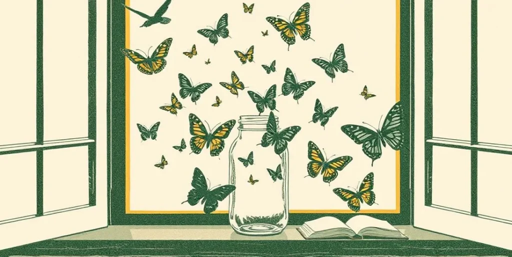 Illustration of butterflies fluttering out of a glass jar on a windowsill