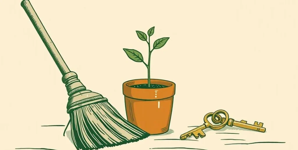 Illustration of a new broom, a sprouting seedling and a shiny new key on a clean table