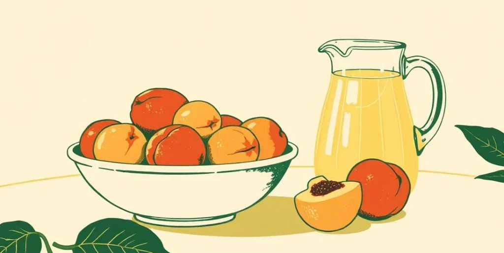 Illustration of a bowl of ripe peaches beside a pitcher of lemonade