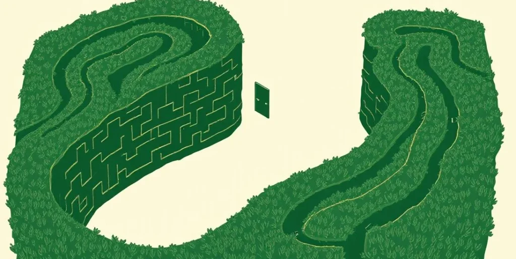 Illustration of a hedge maze with twisting paths and dead ends