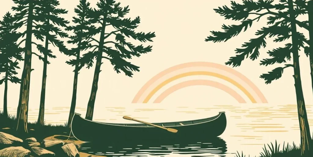 Illustration of a canoe on a pine-lined lakeshore under a rain cloud and rainbow