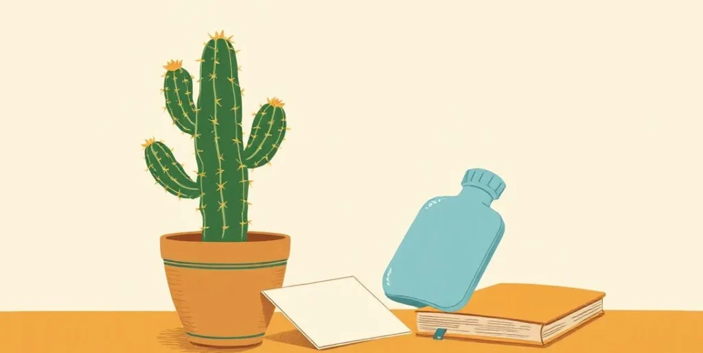 Illustration of a prickly cactus beside a hot water bottle and an ice pack