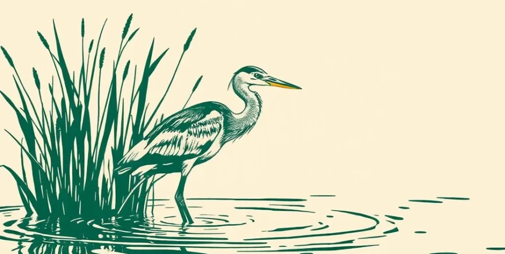 Illustration of a heron standing still among reeds at dawn