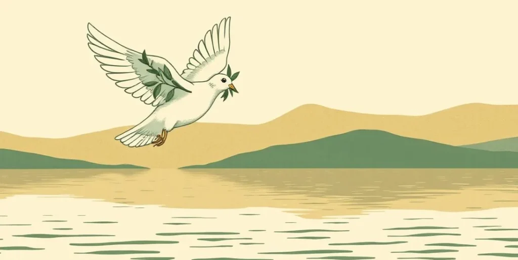 Illustration of a white dove carrying an olive branch over a calm lake