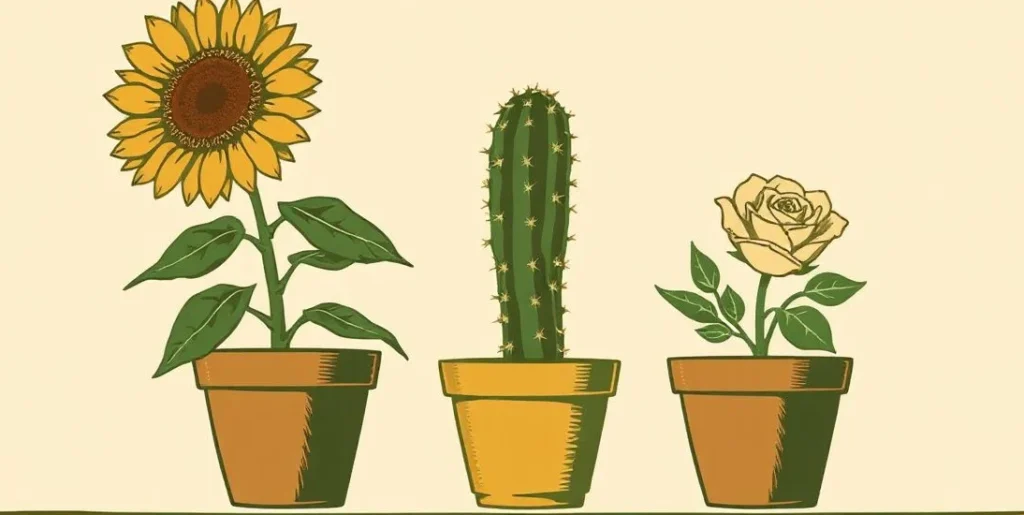 Illustration of a sunflower, a cactus and a thorny rose in three pots