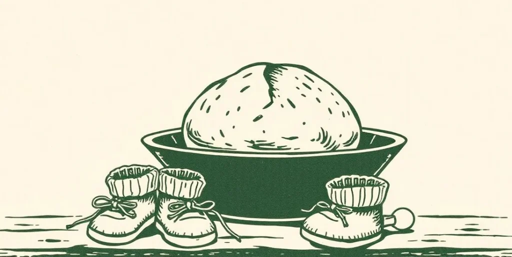 Illustration of bread rising in an oven beside knitted baby booties and a rattle