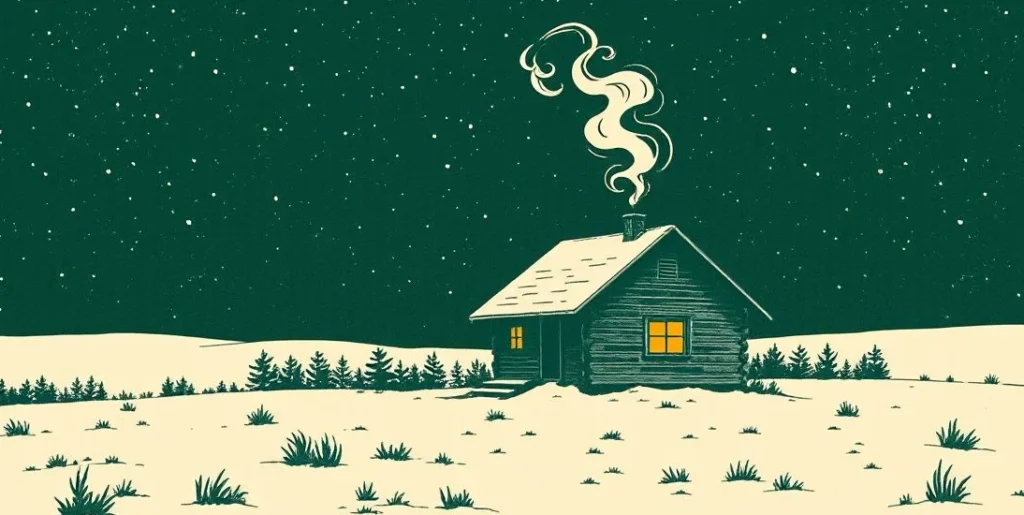 Illustration of a lone cabin in a snowy field with smoke from the chimney