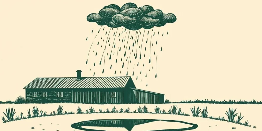 Illustration of a passing rain shower over a farm with a puddle