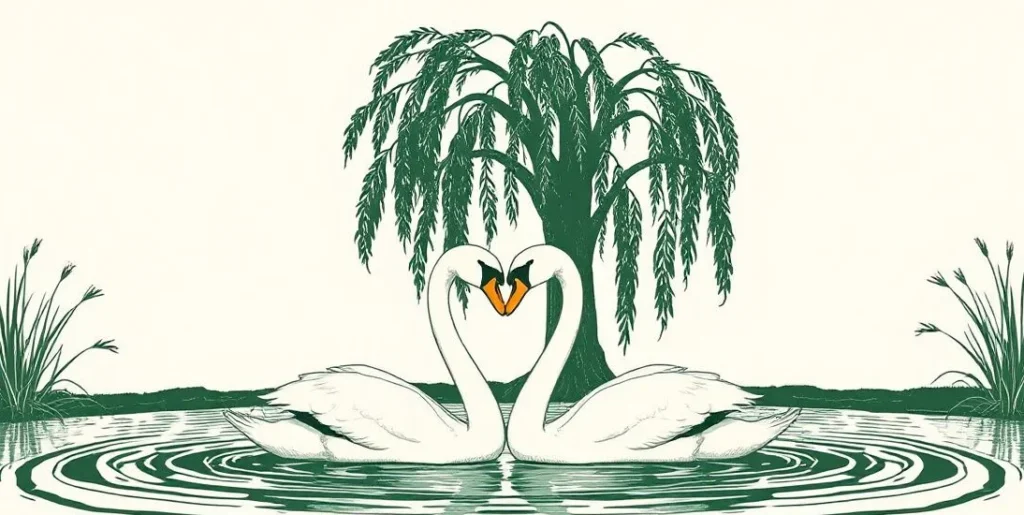Illustration of two swans forming a heart shape on a pond under a willow
