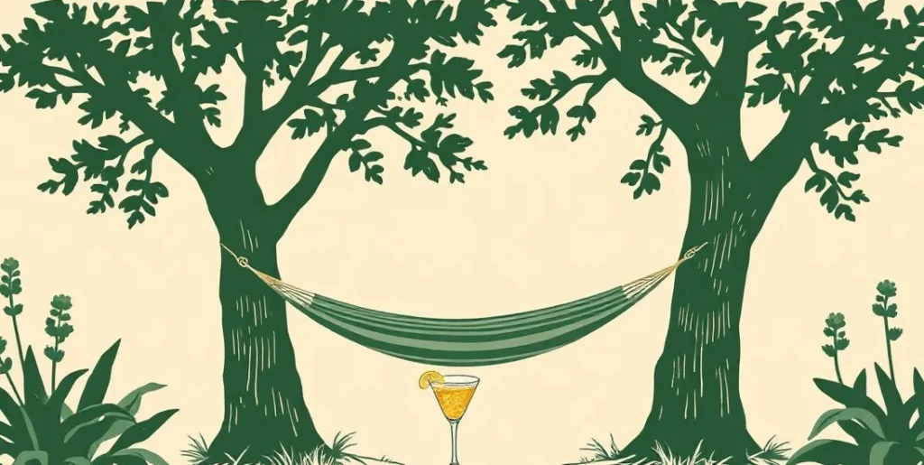 Illustration of a hammock between two shady trees beside a glass of lemonade