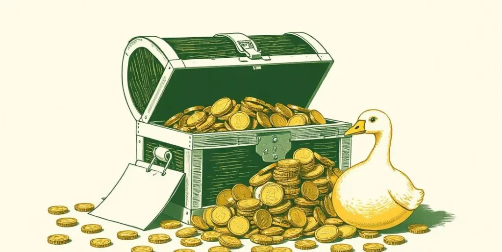 Illustration of a treasure chest overflowing with gold coins beside a golden egg
