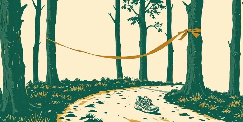 Illustration of running shoes on a forest trail leading to a finish ribbon