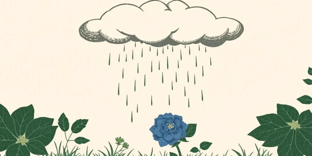 Illustration of a raincloud pouring over a drooping blue hydrangea