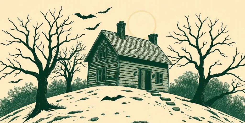 Illustration of a creaky house on a hill with bats under a full moon