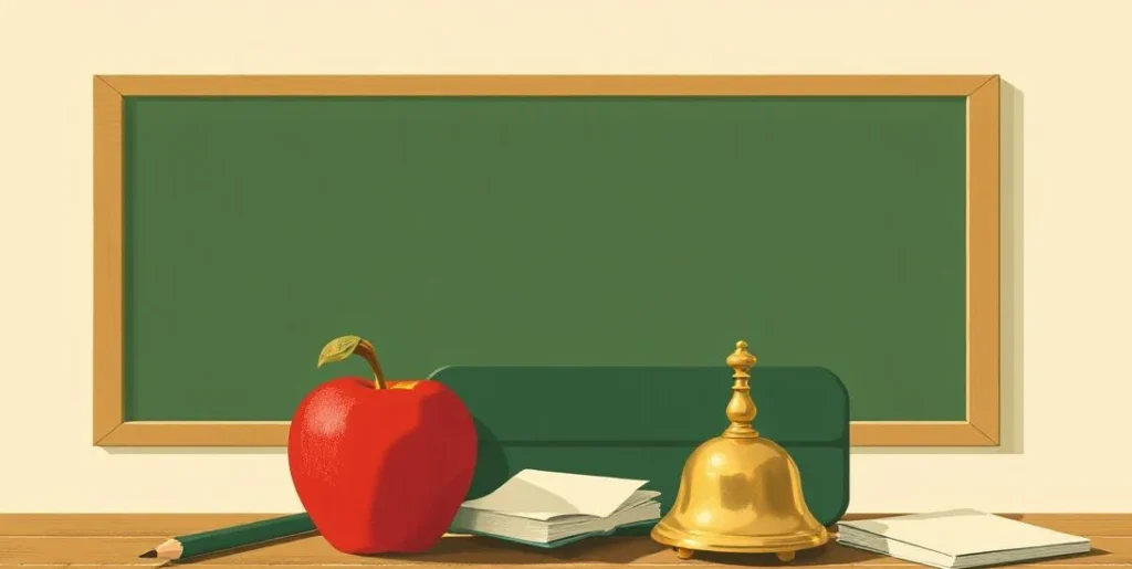 Illustration of an apple, a pencil case and a school bell on a classroom desk