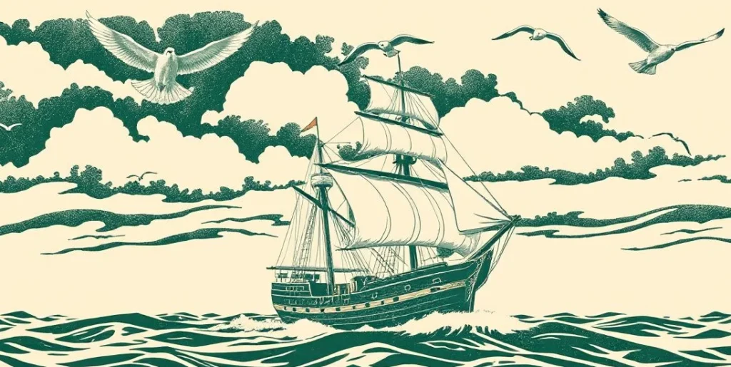 Illustration of an old sailing ship riding rough seas under a stormy sky