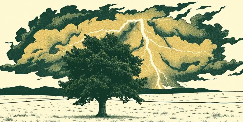 Illustration of lightning striking a lone tree in an open field