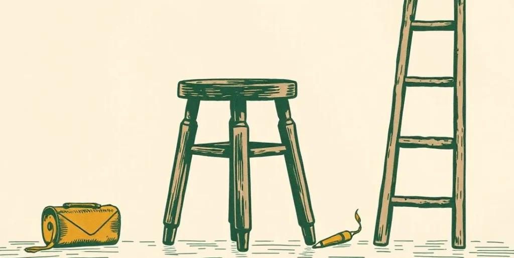 Illustration of a small stool beside a tall ladder and a sparking fuse