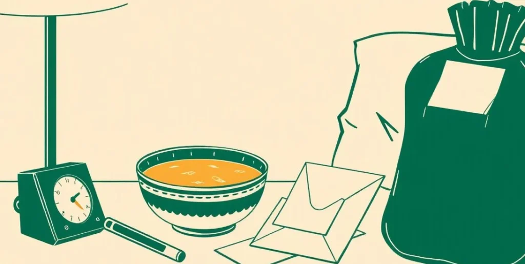 Illustration of a thermometer, chicken soup and tissues on a bedside table
