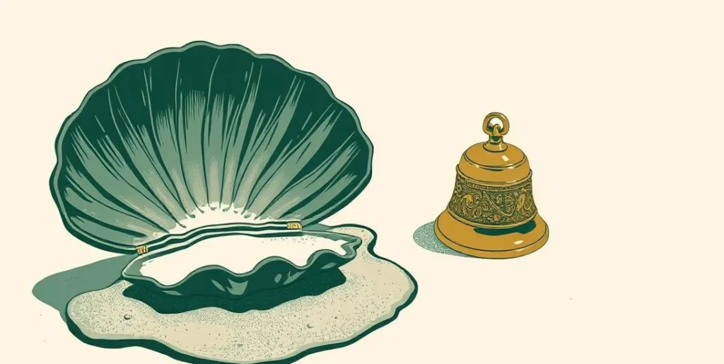 Illustration of a tightly closed clam shell on sand beside a silent brass bell