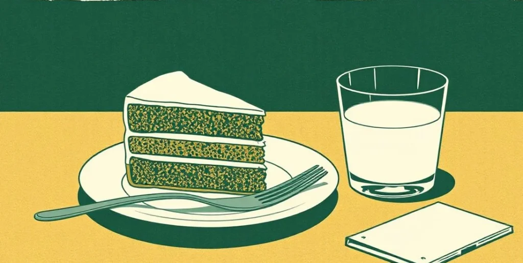 Illustration of a slice of layer cake with a fork and a glass of milk
