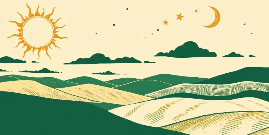 Illustration of sun, crescent moon, stars and clouds above rolling hills