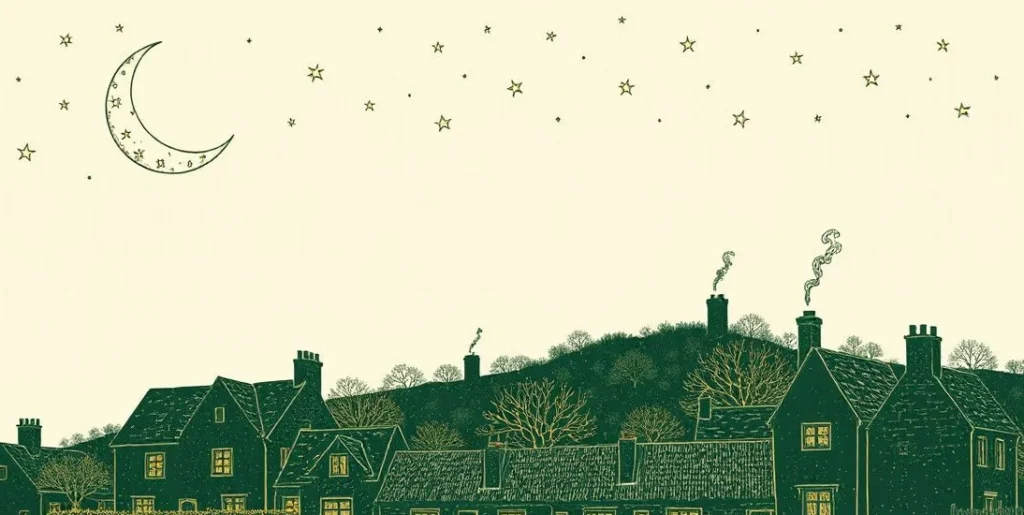 Illustration of a crescent moon over a sleepy village with chimney smoke