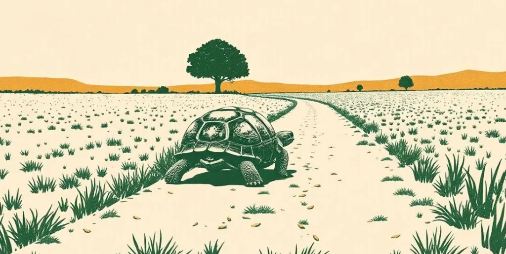 Illustration of a tortoise walking slowly along a long dirt road