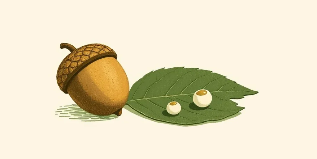 Illustration of a tiny acorn, a thimble and a pea beside a water drop