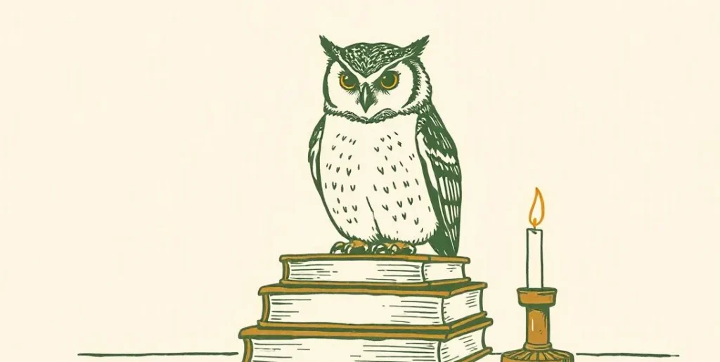 Illustration of an owl perched on closed books beside a lit candle