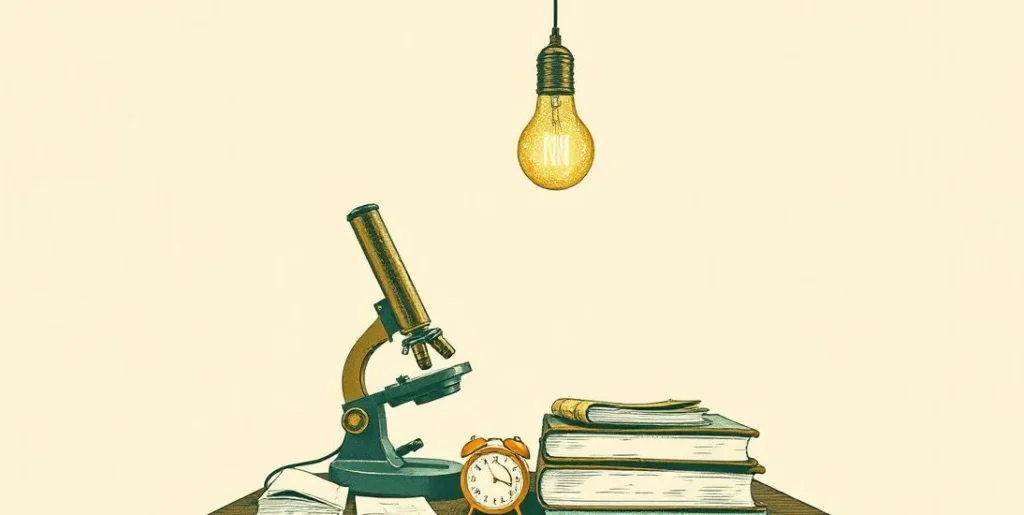 Illustration of a glowing light bulb above a brass microscope and closed journals
