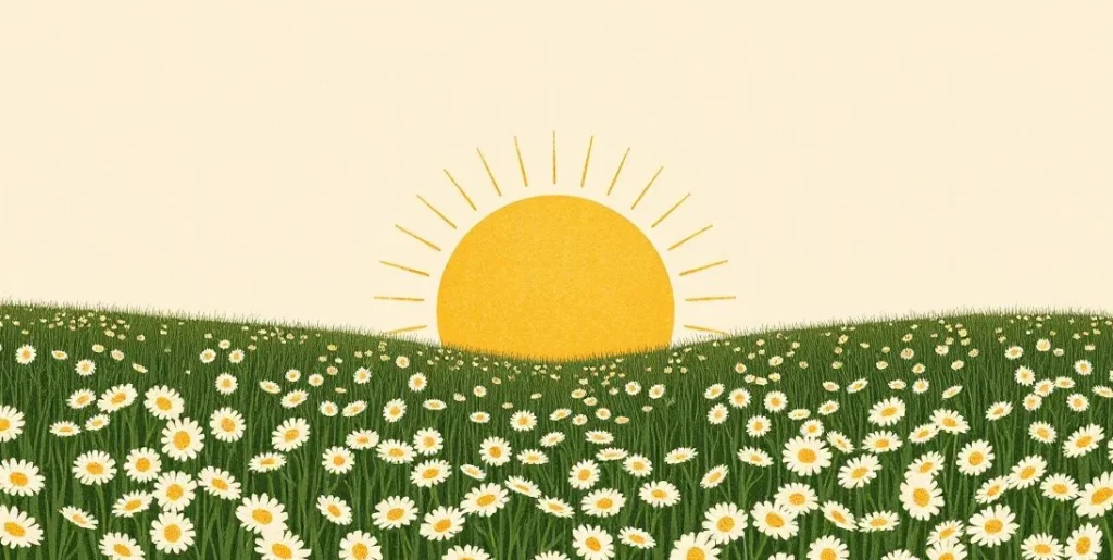 Illustration of a rising sun and rainbow over a meadow of daisies