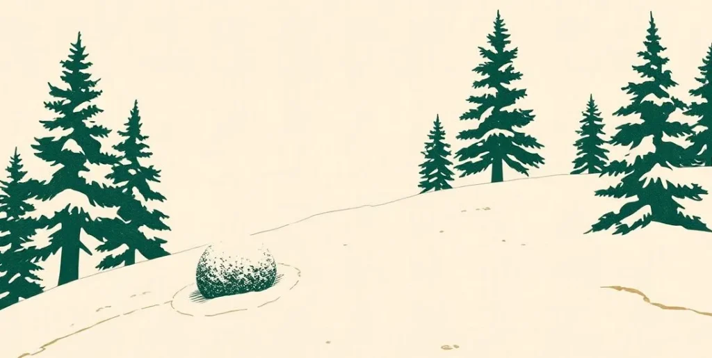 Illustration of a growing snowball rolling downhill through fresh snow