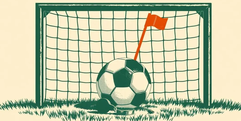 Illustration of a soccer ball in a goal net beside a corner flag
