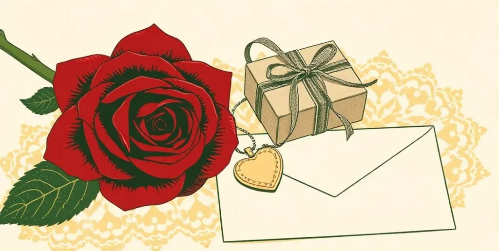 Illustration of a single rose beside a heart-shaped locket and a small gift box