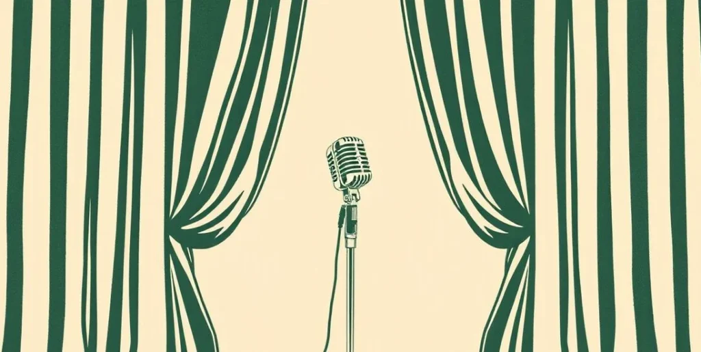 Illustration of a vintage microphone on a stand before stage curtains