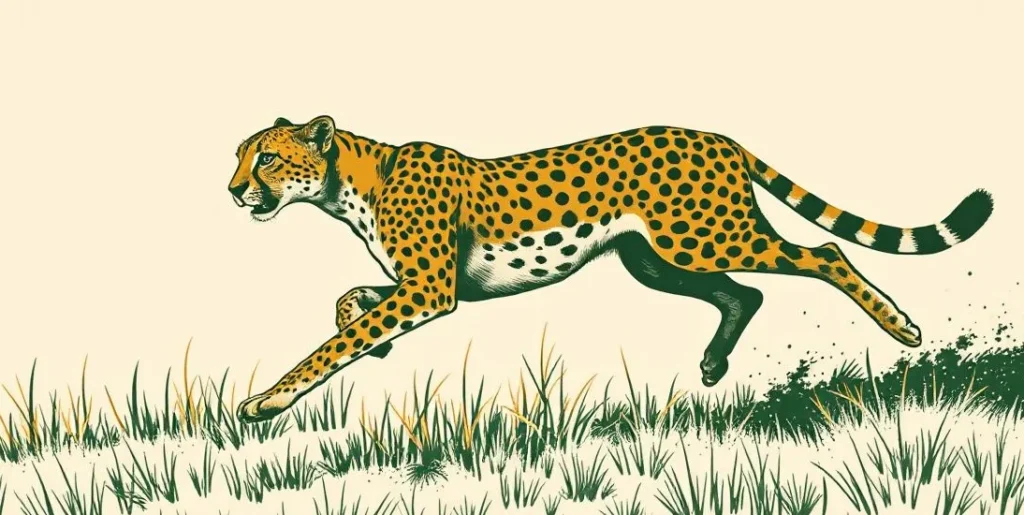 Illustration of a cheetah sprinting across golden savanna grass